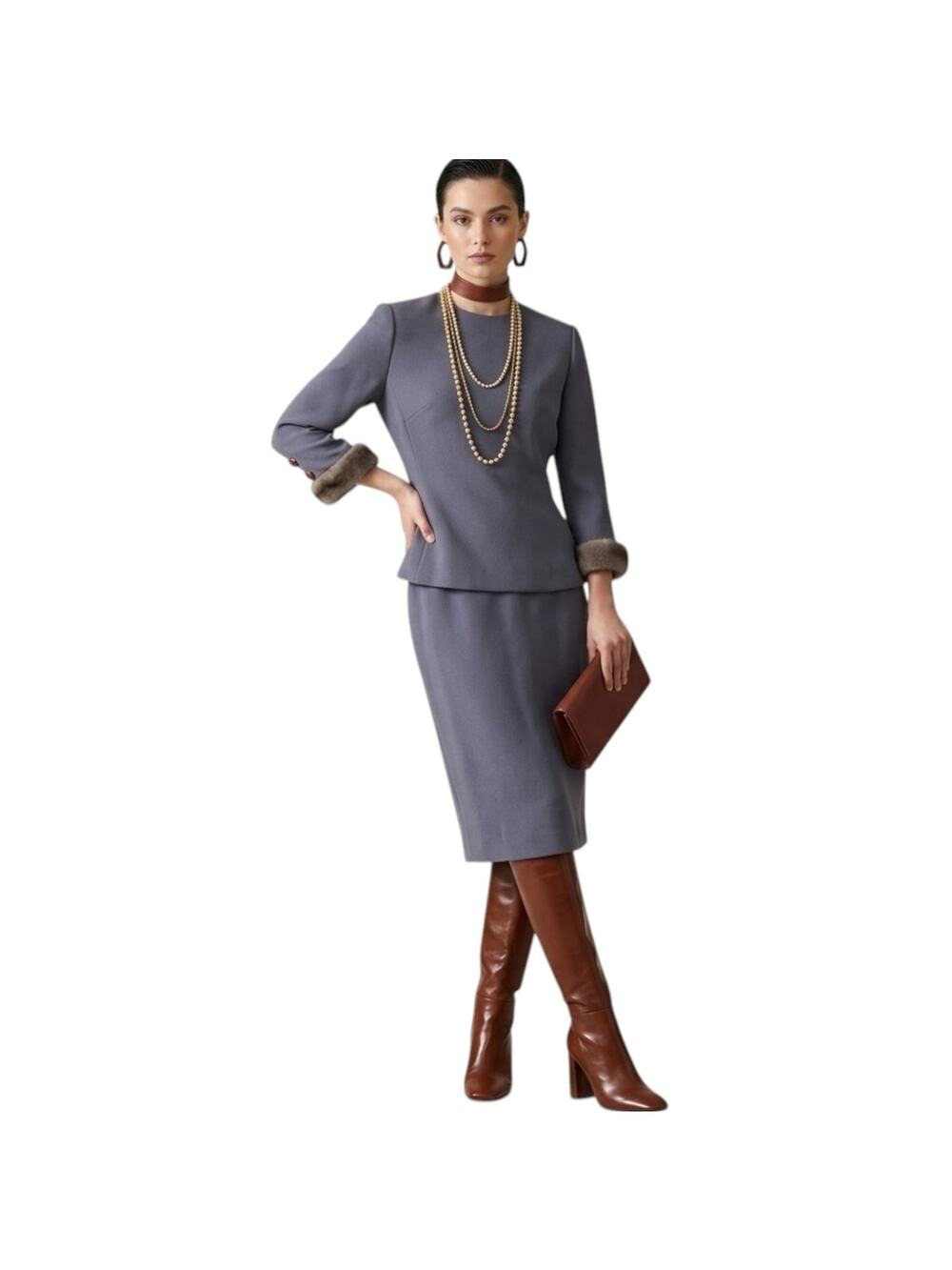 Chetta B Vintage 90's Genuine Mink Trimmed Two Piece Blue Gray Skirt Suit Size 4